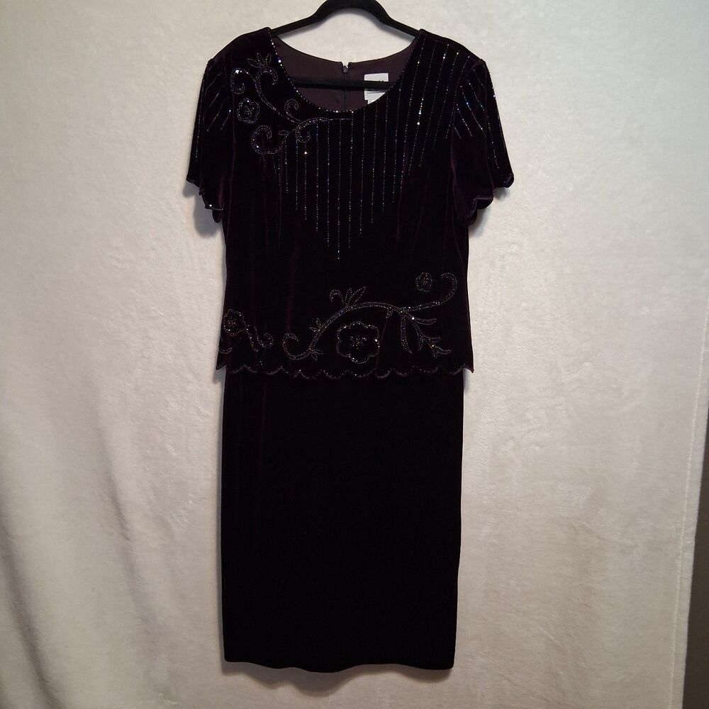 R&M Richards 16 Dress Midi Eggplant Purple Velvet Beaded Layered Event Holiday
